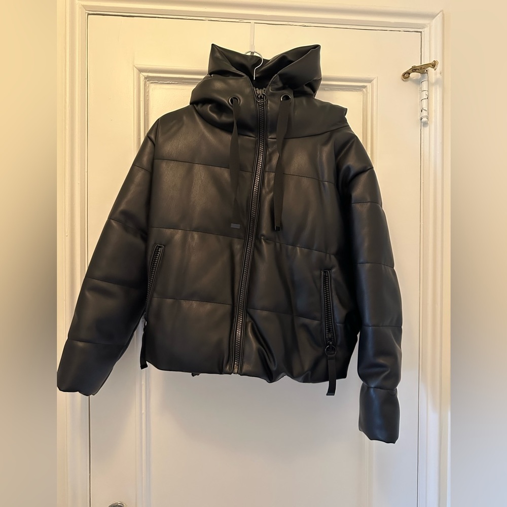 Zara Black Vegan Leather Winter Puffer Jacket / Coat Madewell Anthropologie